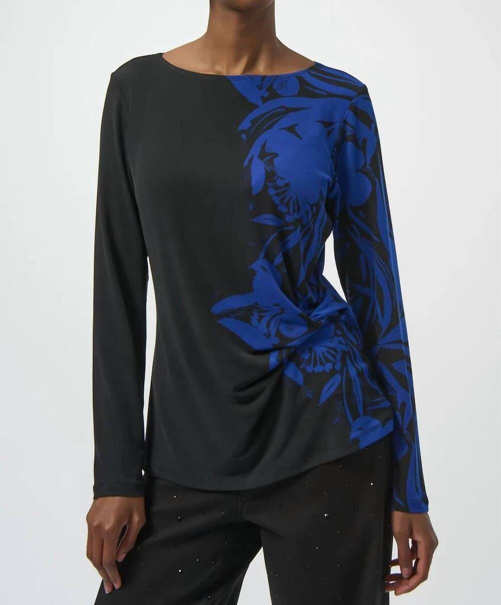 NEW JOSEPH RIBKOFF floral boat neck long sleeves straight top in black/royal